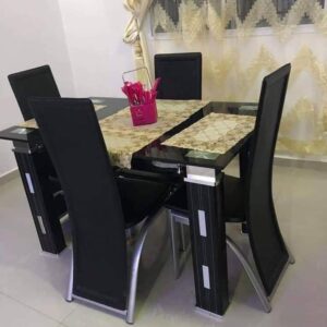 Wooded Dining Center Table Glass With thick Leather / 4 chairs